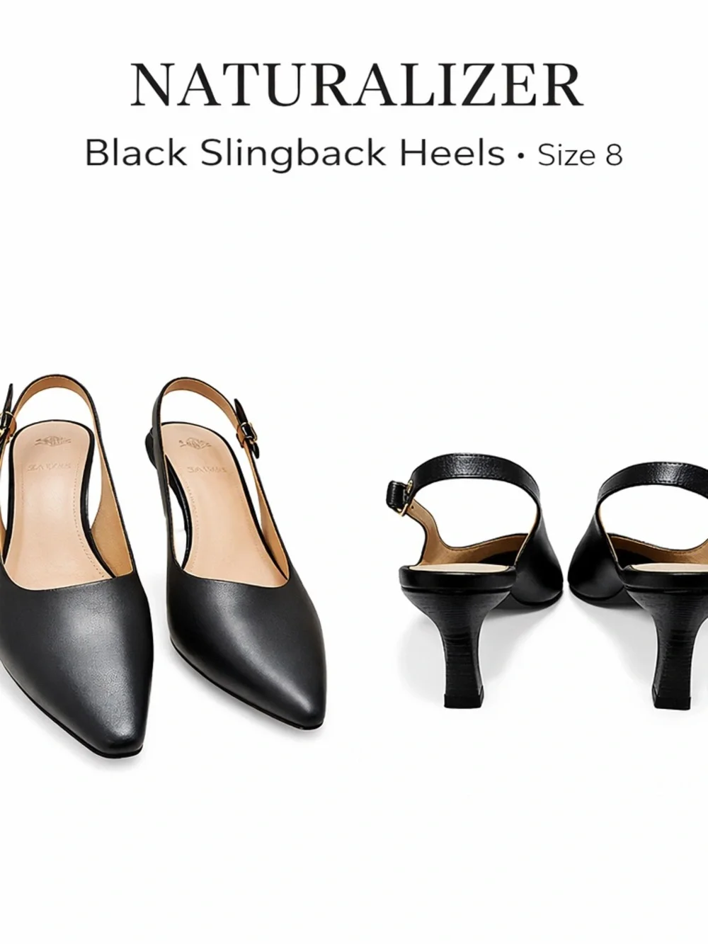 Naturalizer Black Slingback Heels Size 8 Pointed Toe Pumps Classic Career Shoes - Picture 2 of 10